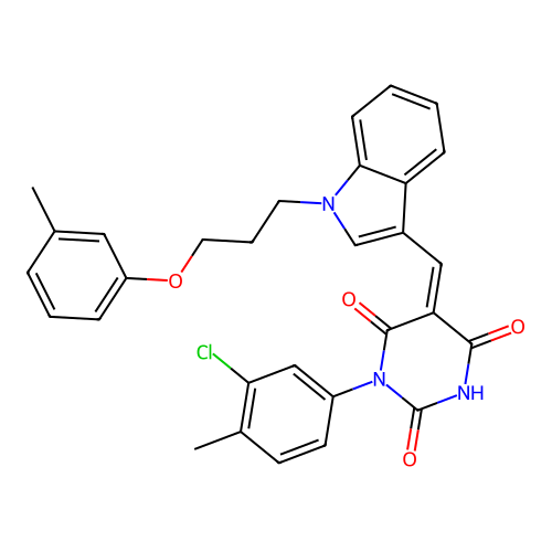 (5Z)-1-(3-chloro-4-methylphenyl)-5-({1-[3-(3-methylphenoxy)propyl]-1H-indol-3-yl}methylidene)pyrimidine-2,4,6(1H,3H,5H)-trione structure
