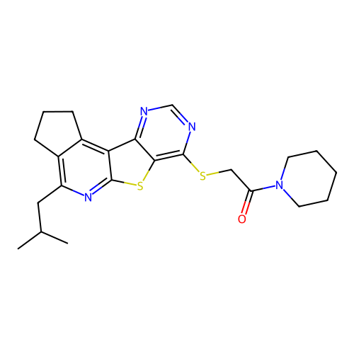 2-((4-isobutyl-2,3-dihydro-1H-cyclopenta[4',5']pyrido[3',2':4,5]thieno[3,2-d]pyrimidin-7-yl)thio)-1-(piperidin-1-yl)ethanone structure