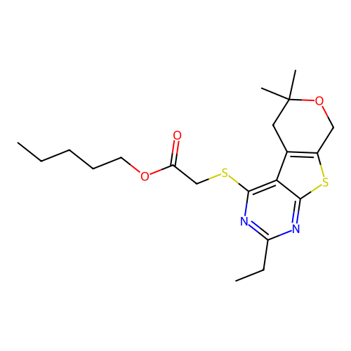 pentyl [(2-ethyl-6,6-dimethyl-5,8-dihydro-6H-pyrano[4',3':4,5]thieno[2,3-d]pyrimidin-4-yl)sulfanyl]acetate structure