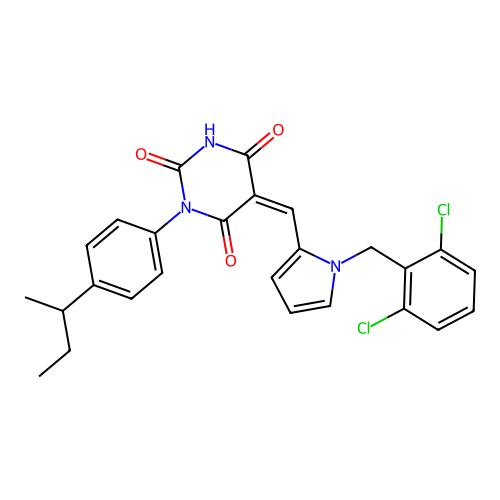 (5Z)-1-(4-butan-2-ylphenyl)-5-[[1-[(2,6-dichlorophenyl)methyl]pyrrol-2-yl]methylidene]-1,3-diazinane-2,4,6-trione structure