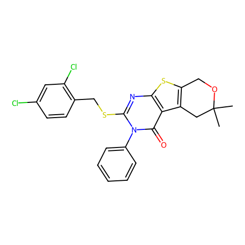 2-((2,4-dichlorobenzyl)thio)-6,6-dimethyl-3-phenyl-5,6-dihydro-3H-pyrano[4',3':4,5]thieno[2,3-d]pyrimidin-4(8H)-one structure
