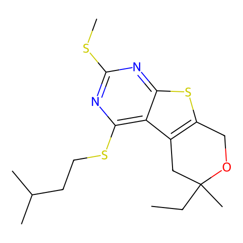 6-ethyl-4-(isopentylthio)-6-methyl-2-(methylthio)-6,8-dihydro-5H-pyrano[4',3':4,5]thieno[2,3-d]pyrimidine structure