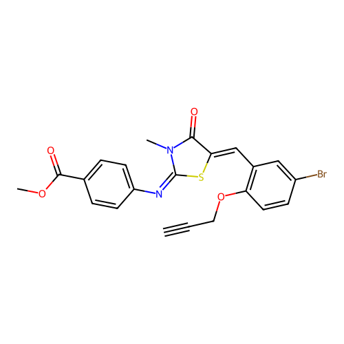 methyl 4-((E)-((Z)-5-(5-bromo-2-(prop-2-yn-1-yloxy)benzylidene)-3-methyl-4-oxothiazolidin-2-ylidene)amino)benzoate structure
