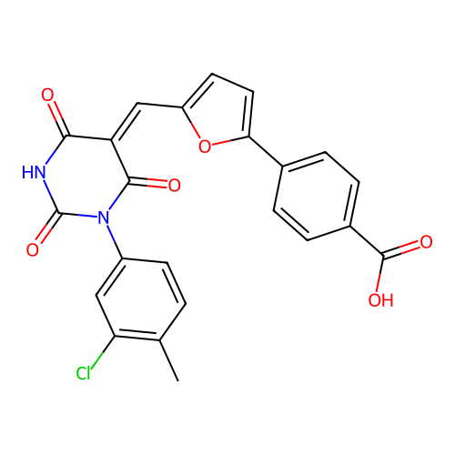 (Z)-4-(5-((1-(3-chloro-4-methylphenyl)-2,4,6-trioxotetrahydropyrimidin-5(2H)-ylidene)methyl)furan-2-yl)benzoic acid structure