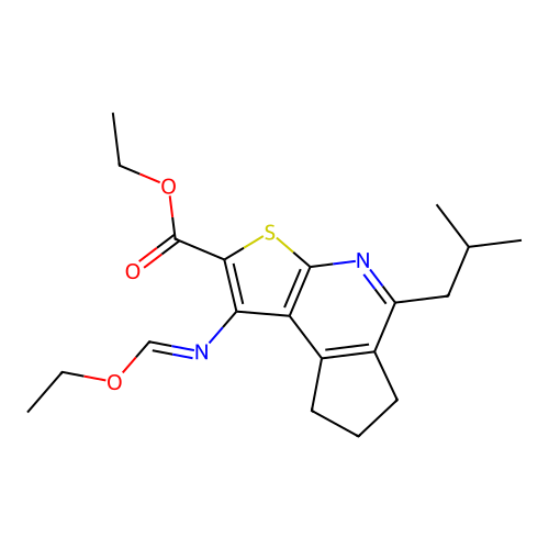 (E)-ethyl 1-((ethoxymethylene)amino)-5-isobutyl-7,8-dihydro-6H-cyclopenta[d]thieno[2,3-b]pyridine-2-carboxylate structure
