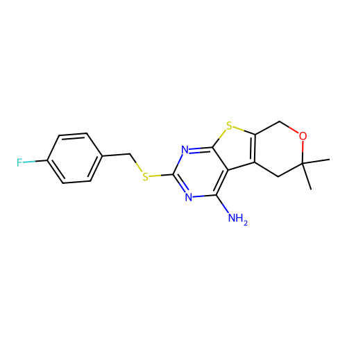 2-((4-fluorobenzyl)thio)-6,6-dimethyl-6,8-dihydro-5H-pyrano[4',3':4,5]thieno[2,3-d]pyrimidin-4-amine structure