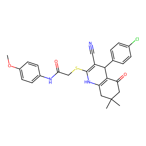 2-((4-(4-chlorophenyl)-3-cyano-7,7-dimethyl-5-oxo-1,4,5,6,7,8-hexahydroquinolin-2-yl)thio)-N-(4-methoxyphenyl)acetamide structure