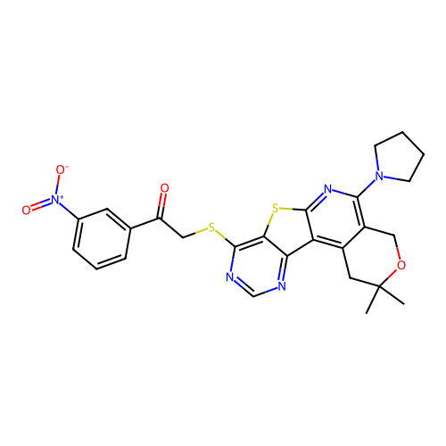 2-((2,2-dimethyl-5-(pyrrolidin-1-yl)-2,4-dihydro-1H-pyrano[4'',3'':4',5']pyrido[3',2':4,5]thieno[3,2-d]pyrimidin-8-yl)thio)-1-(3-nitrophenyl)ethanone structure
