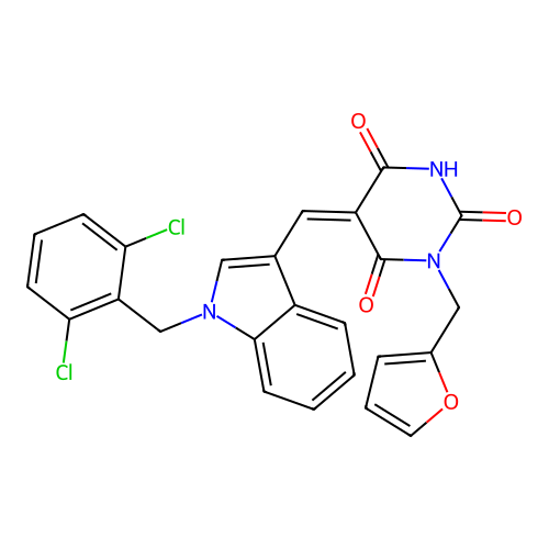 (5Z)-5-[[1-[(2,6-dichlorophenyl)methyl]indol-3-yl]methylidene]-1-(furan-2-ylmethyl)-1,3-diazinane-2,4,6-trione structure
