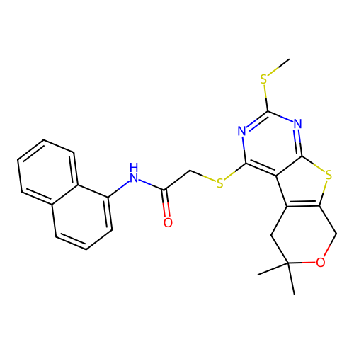 2-((6,6-dimethyl-2-(methylthio)-6,8-dihydro-5H-pyrano[4',3':4,5]thieno[2,3-d]pyrimidin-4-yl)thio)-N-(naphthalen-1-yl)acetamide structure