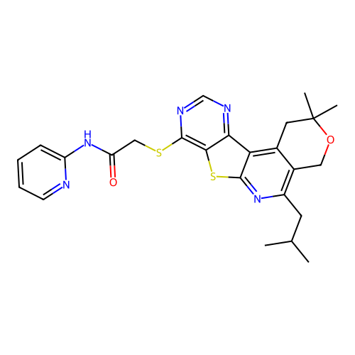 2-((5-isobutyl-2,2-dimethyl-2,4-dihydro-1H-pyrano[4'',3'':4',5']pyrido[3',2':4,5]thieno[3,2-d]pyrimidin-8-yl)thio)-N-(pyridin-2-yl)acetamide structure