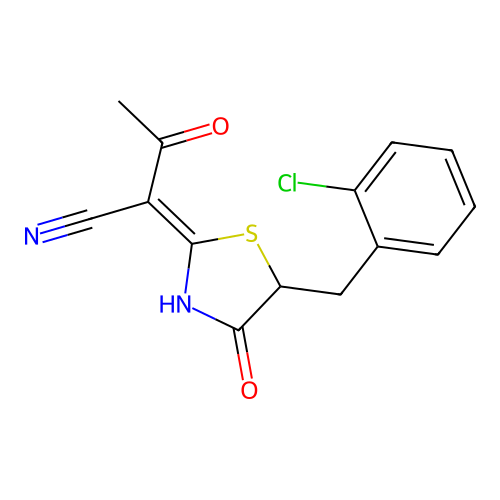 (Z)-2-(5-(2-chlorobenzyl)-4-oxothiazolidin-2-ylidene)-3-oxobutanenitrile structure