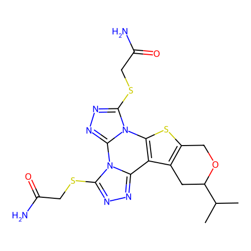 2,2'-((12-isopropyl-12,13-dihydro-10H-pyrano[4',3':4,5]thieno[3,2-e]bis([1,2,4]triazolo)[4,3-a:4',3'-c]pyrimidine-3,7-diyl)bis(sulfanediyl))diacetamide structure