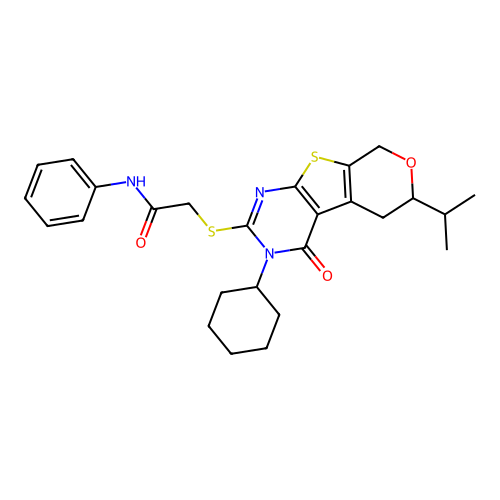 2-((3-cyclohexyl-6-isopropyl-4-oxo-4,5,6,8-tetrahydro-3H-pyrano[4',3':4,5]thieno[2,3-d]pyrimidin-2-yl)thio)-N-phenylacetamide structure
