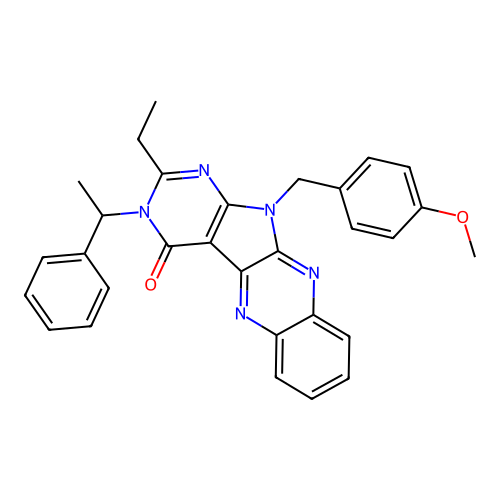 2-ethyl-11-(4-methoxybenzyl)-3-(1-phenylethyl)-3H-pyrimido[5',4':4,5]pyrrolo[2,3-b]quinoxalin-4(11H)-one structure