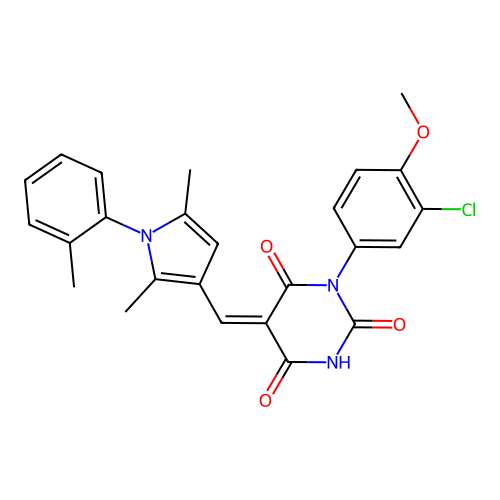 (5Z)-1-(3-chloro-4-methoxyphenyl)-5-[[2,5-dimethyl-1-(2-methylphenyl)pyrrol-3-yl]methylidene]-1,3-diazinane-2,4,6-trione structure