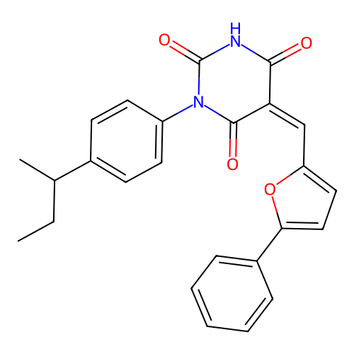 (5Z)-1-(4-butan-2-ylphenyl)-5-[(5-phenylfuran-2-yl)methylidene]-1,3-diazinane-2,4,6-trione structure