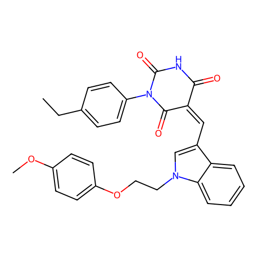 (5Z)-1-(4-ethylphenyl)-5-({1-[2-(4-methoxyphenoxy)ethyl]-1H-indol-3-yl}methylidene)pyrimidine-2,4,6(1H,3H,5H)-trione structure