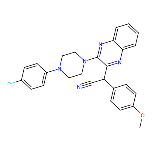 2-[3-[4-(4-fluorophenyl)piperazin-1-yl]quinoxalin-2-yl]-2-(4-methoxyphenyl)acetonitrile structure