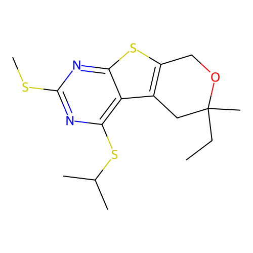 6-ethyl-4-(isopropylthio)-6-methyl-2-(methylthio)-6,8-dihydro-5H-pyrano[4',3':4,5]thieno[2,3-d]pyrimidine structure