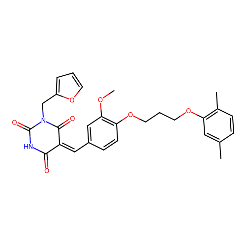 (5Z)-5-[[4-[3-(2,5-dimethylphenoxy)propoxy]-3-methoxyphenyl]methylidene]-1-(furan-2-ylmethyl)-1,3-diazinane-2,4,6-trione structure