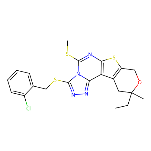 3-[(2-chlorobenzyl)sulfanyl]-10-ethyl-10-methyl-5-(methylsulfanyl)-10,11-dihydro-8H-pyrano[4',3':4,5]thieno[3,2-e][1,2,4]triazolo[4,3-c]pyrimidine structure