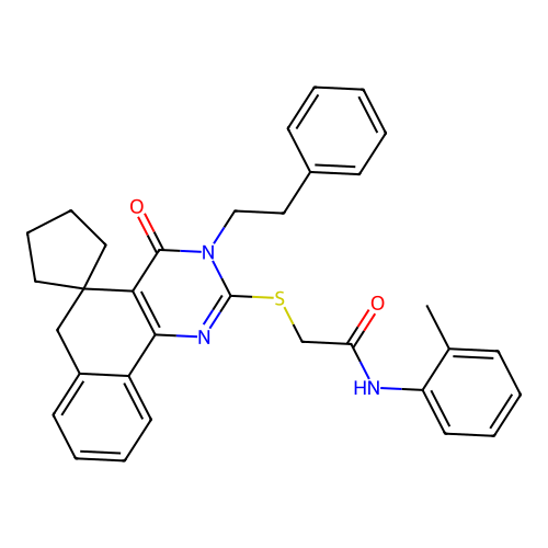 2-((4-oxo-3-phenethyl-4,6-dihydro-3H-spiro[benzo[h]quinazoline-5,1'-cyclopentan]-2-yl)thio)-N-(o-tolyl)acetamide structure