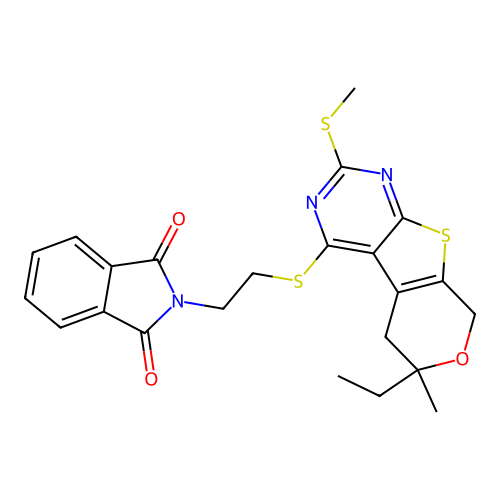 2-(2-((6-ethyl-6-methyl-2-(methylthio)-6,8-dihydro-5H-pyrano[4',3':4,5]thieno[2,3-d]pyrimidin-4-yl)thio)ethyl)isoindoline-1,3-dione structure