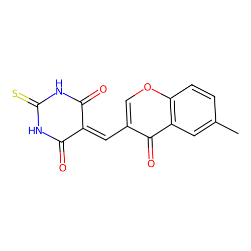 5-((6-methyl-4-oxo-4H-chromen-3-yl)methylene)-2-thioxodihydropyrimidine-4,6(1H,5H)-dione structure