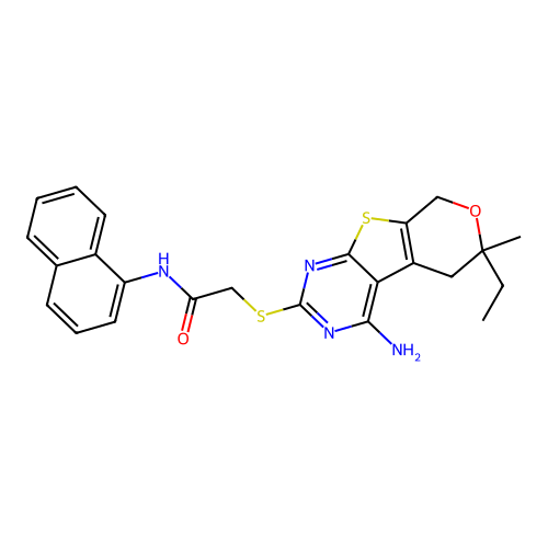 2-((4-amino-6-ethyl-6-methyl-6,8-dihydro-5H-pyrano[4',3':4,5]thieno[2,3-d]pyrimidin-2-yl)thio)-N-(naphthalen-1-yl)acetamide structure