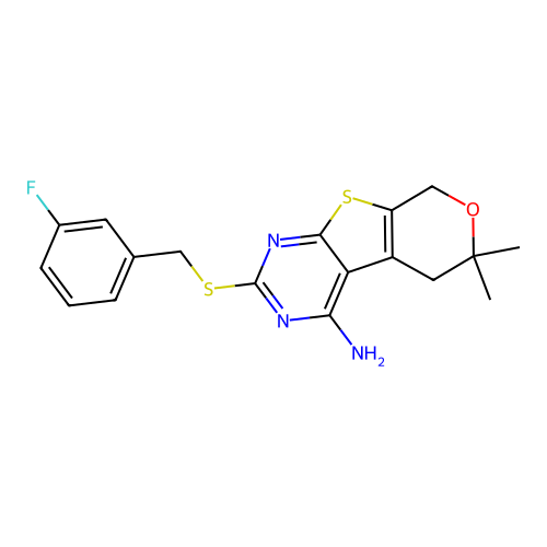 2-((3-fluorobenzyl)thio)-6,6-dimethyl-6,8-dihydro-5H-pyrano[4',3':4,5]thieno[2,3-d]pyrimidin-4-amine structure