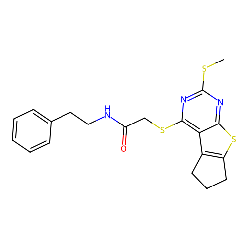 2-((2-(methylthio)-6,7-dihydro-5H-cyclopenta[4,5]thieno[2,3-d]pyrimidin-4-yl)thio)-N-phenethylacetamide structure