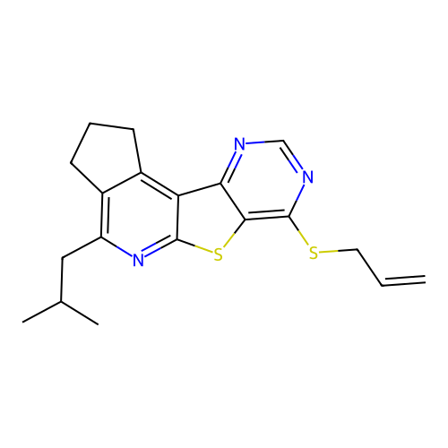 4-(2-methylpropyl)-7-(prop-2-en-1-ylsulfanyl)-2,3-dihydro-1H-cyclopenta[4',5']pyrido[3',2':4,5]thieno[3,2-d]pyrimidine structure