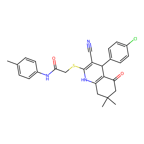 2-((4-(4-chlorophenyl)-3-cyano-7,7-dimethyl-5-oxo-1,4,5,6,7,8-hexahydroquinolin-2-yl)thio)-N-(p-tolyl)acetamide structure