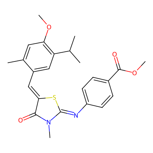 methyl 4-((E)-((Z)-5-(5-isopropyl-4-methoxy-2-methylbenzylidene)-3-methyl-4-oxothiazolidin-2-ylidene)amino)benzoate structure