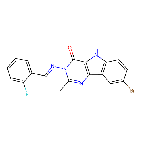 (E)-8-bromo-3-((2-fluorobenzylidene)amino)-2-methyl-3H-pyrimido[5,4-b]indol-4(5H)-one structure