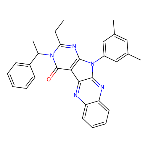 11-(3,5-dimethylphenyl)-2-ethyl-3-(1-phenylethyl)-3H-pyrimido[5',4':4,5]pyrrolo[2,3-b]quinoxalin-4(11H)-one structure