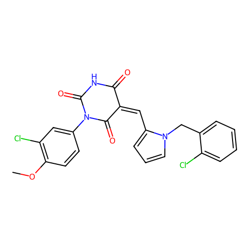 (5Z)-1-(3-chloro-4-methoxyphenyl)-5-[[1-[(2-chlorophenyl)methyl]pyrrol-2-yl]methylidene]-1,3-diazinane-2,4,6-trione structure