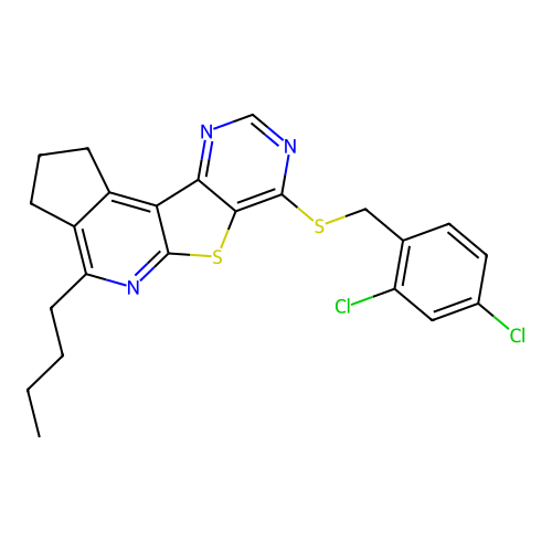 4-butyl-7-((2,4-dichlorobenzyl)thio)-2,3-dihydro-1H-cyclopenta[4',5']pyrido[3',2':4,5]thieno[3,2-d]pyrimidine structure