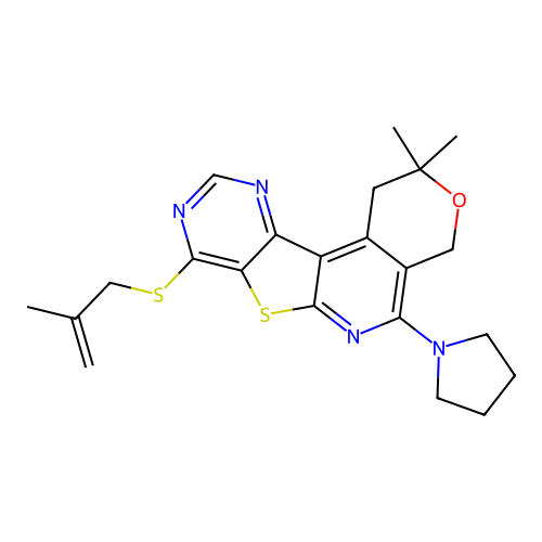 2,2-dimethyl-8-((2-methylallyl)thio)-5-(pyrrolidin-1-yl)-2,4-dihydro-1H-pyrano[4'',3'':4',5']pyrido[3',2':4,5]thieno[3,2-d]pyrimidine structure