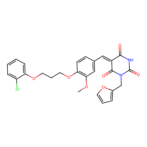 (5Z)-5-[[4-[3-(2-chlorophenoxy)propoxy]-3-methoxyphenyl]methylidene]-1-(furan-2-ylmethyl)-1,3-diazinane-2,4,6-trione structure