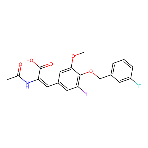(2E)-2-(acetylamino)-3-{4-[(3-fluorobenzyl)oxy]-3-iodo-5-methoxyphenyl}prop-2-enoic acid structure