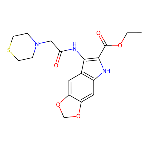 ethyl 7-(2-thiomorpholinoacetamido)-5H-[1,3]dioxolo[4,5-f]indole-6-carboxylate structure