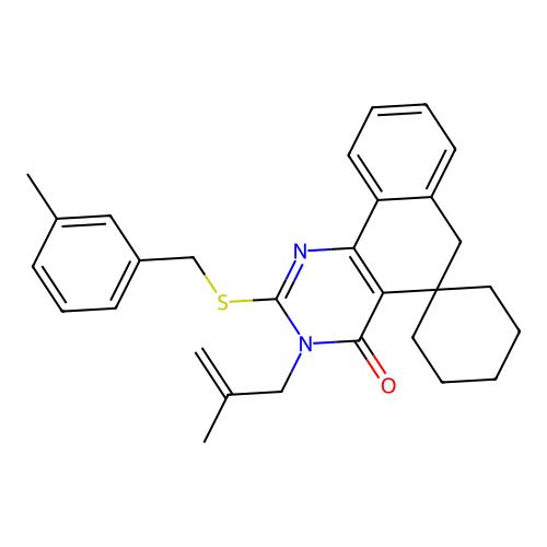 3-(2-methylallyl)-2-((3-methylbenzyl)thio)-3H-spiro[benzo[h]quinazoline-5,1'-cyclohexan]-4(6H)-one structure