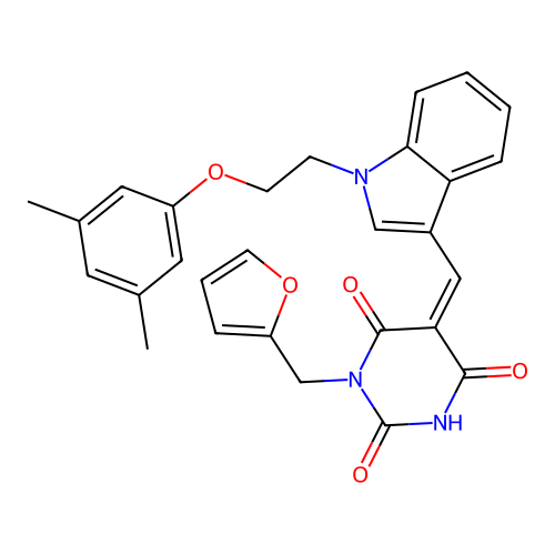 (Z)-5-((1-(2-(3,5-dimethylphenoxy)ethyl)-1H-indol-3-yl)methylene)-1-(furan-2-ylmethyl)pyrimidine-2,4,6(1H,3H,5H)-trione structure