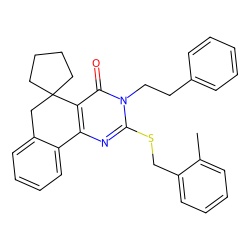 2-((2-methylbenzyl)thio)-3-phenethyl-3H-spiro[benzo[h]quinazoline-5,1'-cyclopentan]-4(6H)-one structure