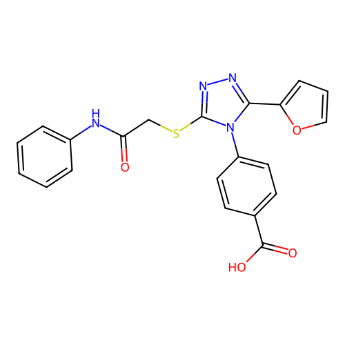 4-[3-(2-anilino-2-oxoethyl)sulfanyl-5-(furan-2-yl)-1,2,4-triazol-4-yl]benzoic acid structure