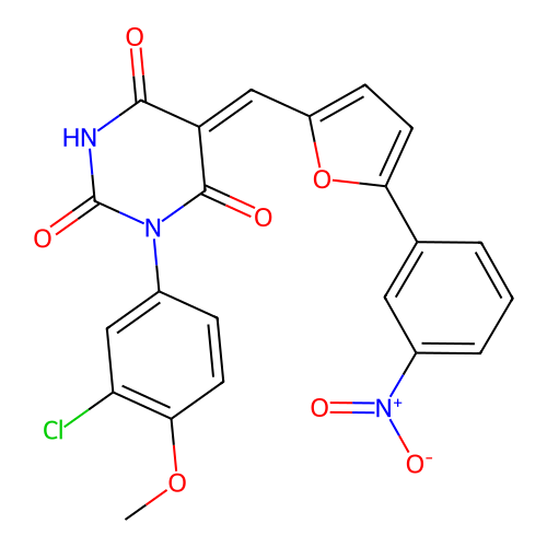 (5Z)-1-(3-chloro-4-methoxyphenyl)-5-[[5-(3-nitrophenyl)furan-2-yl]methylidene]-1,3-diazinane-2,4,6-trione structure