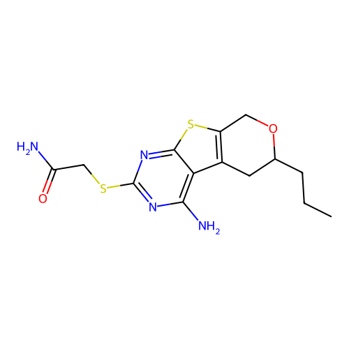 2-((4-amino-6-propyl-6,8-dihydro-5H-pyrano[4',3':4,5]thieno[2,3-d]pyrimidin-2-yl)thio)acetamide structure