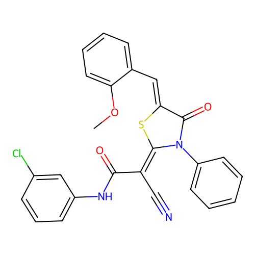 (Z)-N-(3-chlorophenyl)-2-cyano-2-((Z)-5-(2-methoxybenzylidene)-4-oxo-3-phenylthiazolidin-2-ylidene)acetamide structure